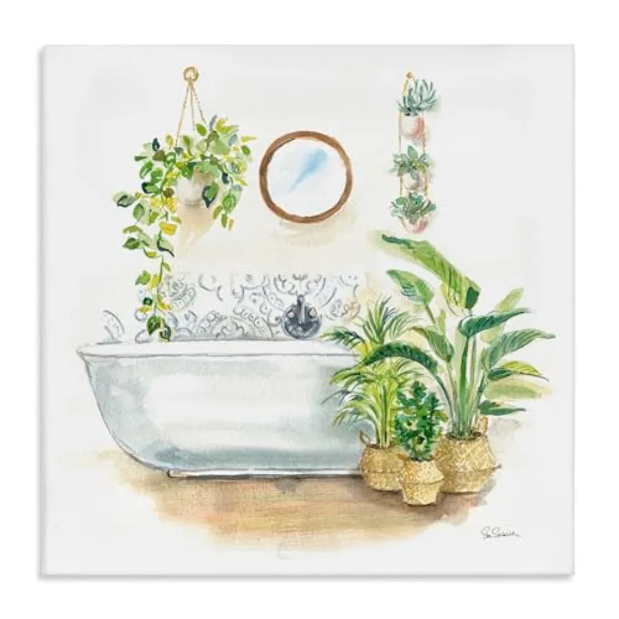 

Серенитующий интерьер ванной комнаты с изображением зеленых растений, картина, разработанная Сью Шлабах, настенное искусство, холст 30x30 см