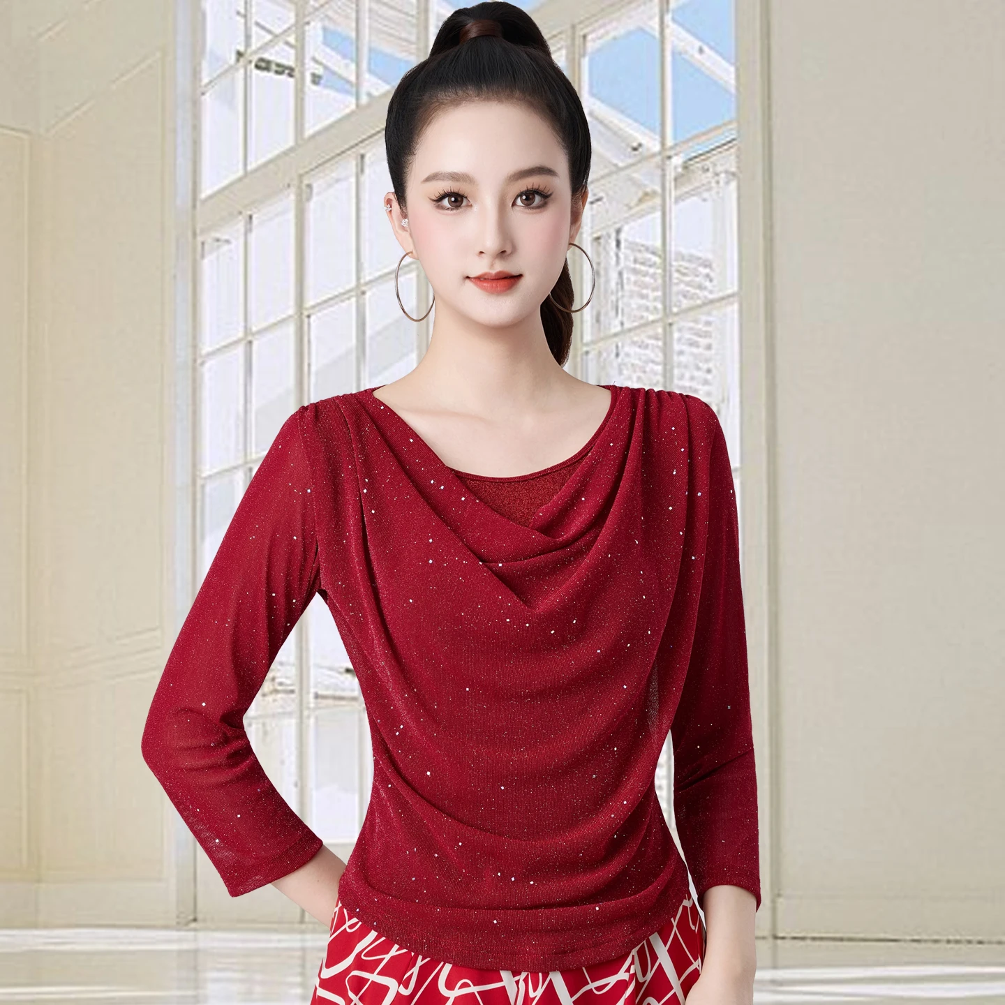 

Топ для латинских танцев с распашным воротником, женский топ с длинными рукавами для бальных танцев, топы для современных танцев, одежда для латинских танцев, танго, DW11045