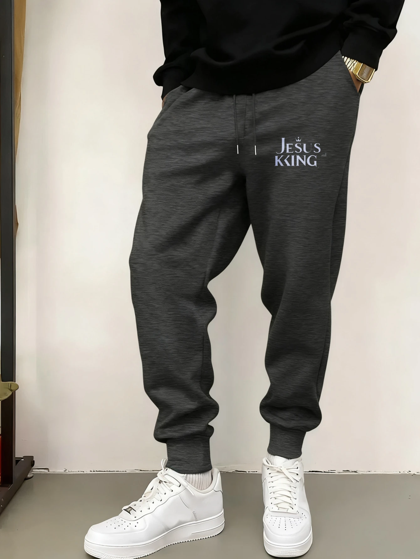 Men's Black Jesus King Print Tapered Joggers Elastic Cuff Drawstring Waist Streetwear Christmas Gift Winter Casual Sweatpants