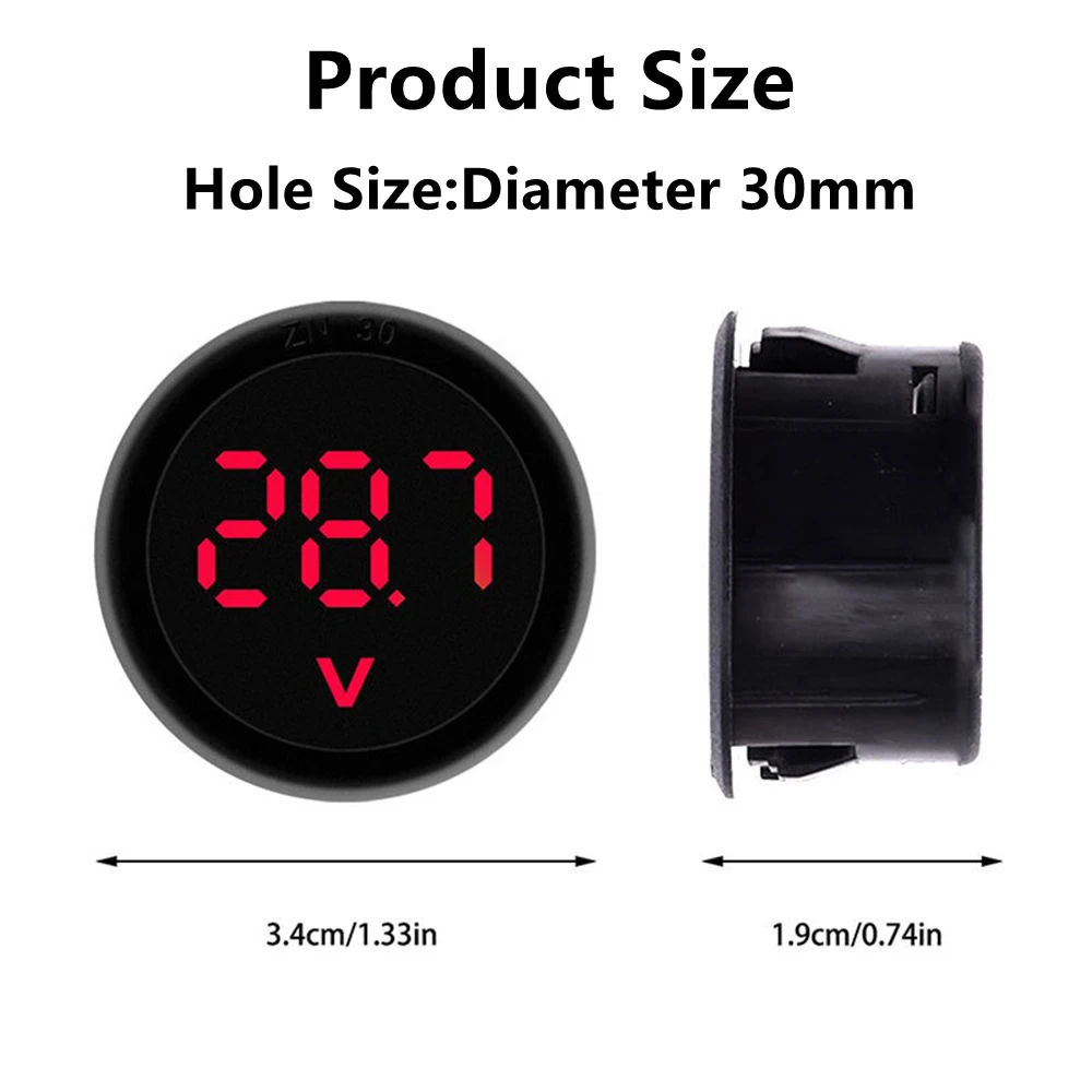 DC 4-100V LED Digital Display Round Two-wire Voltmeter DC Digital Car Voltage Current Meter Volt Detector Tester Monitor Pane