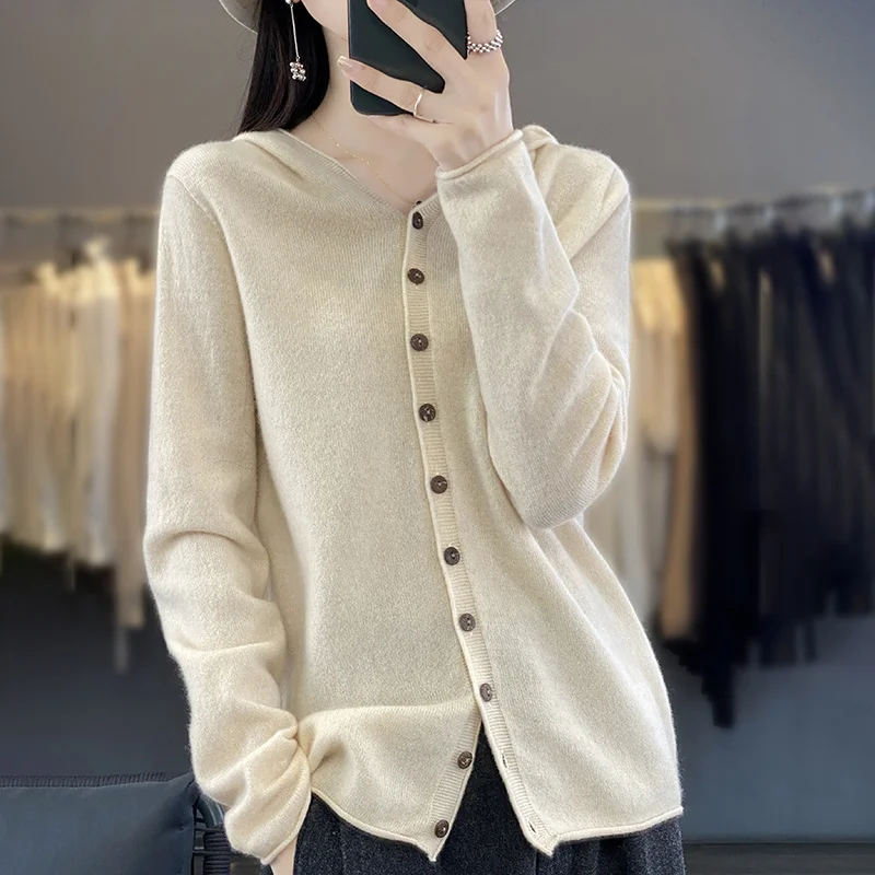 Autumn/Winter Hooded Cardigan Women\'s 100% Merino Wool Long-sleeved Knitwear Soft Sweater Women\'s Clothing Solid Color Top