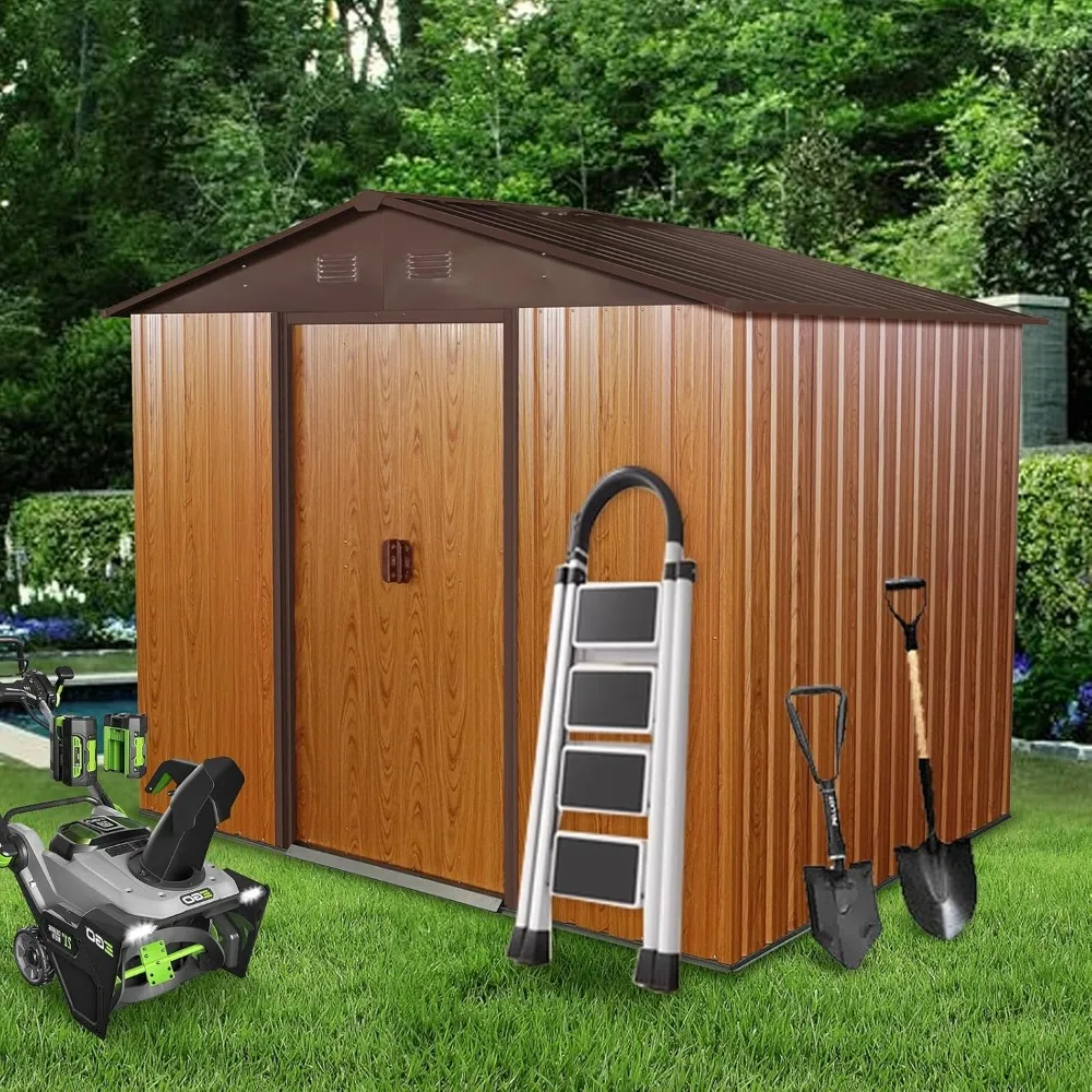 

8x6 ft Outdoor Storage Shed with Metal Foundation, Metal Tool Shed with Lockable Sliding Door, Weatherproof Tool House with Air