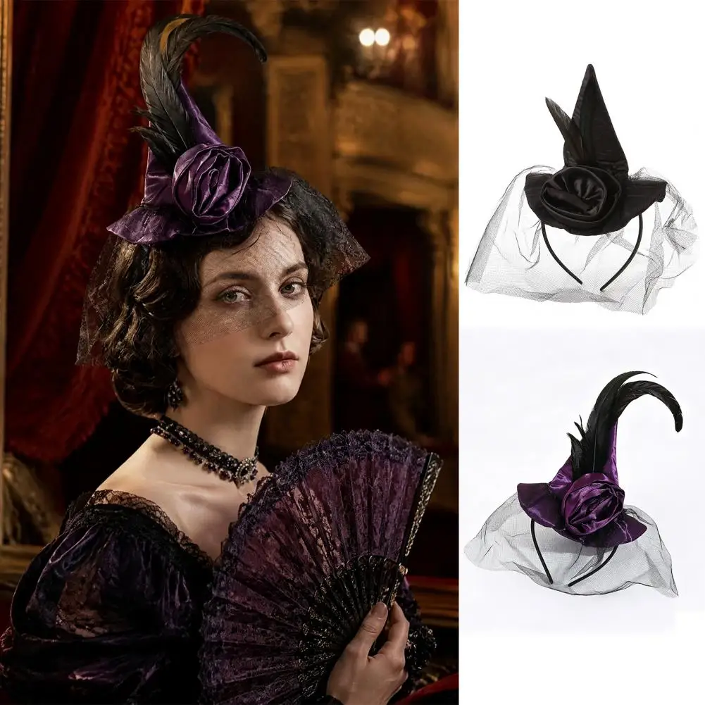 Witch Headband for Halloween Retro Rose Feather Headdress Witch Hat Headband with Small Feather Mesh Veil Rose for Cosplay