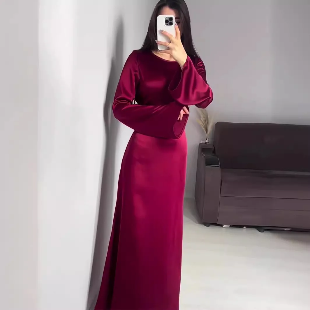 

Elegant Spring 2024 Pure Color Long Sleeve Belted Slimming Wrap Dress British Style Knitted Cotton Polyester Midi Dress