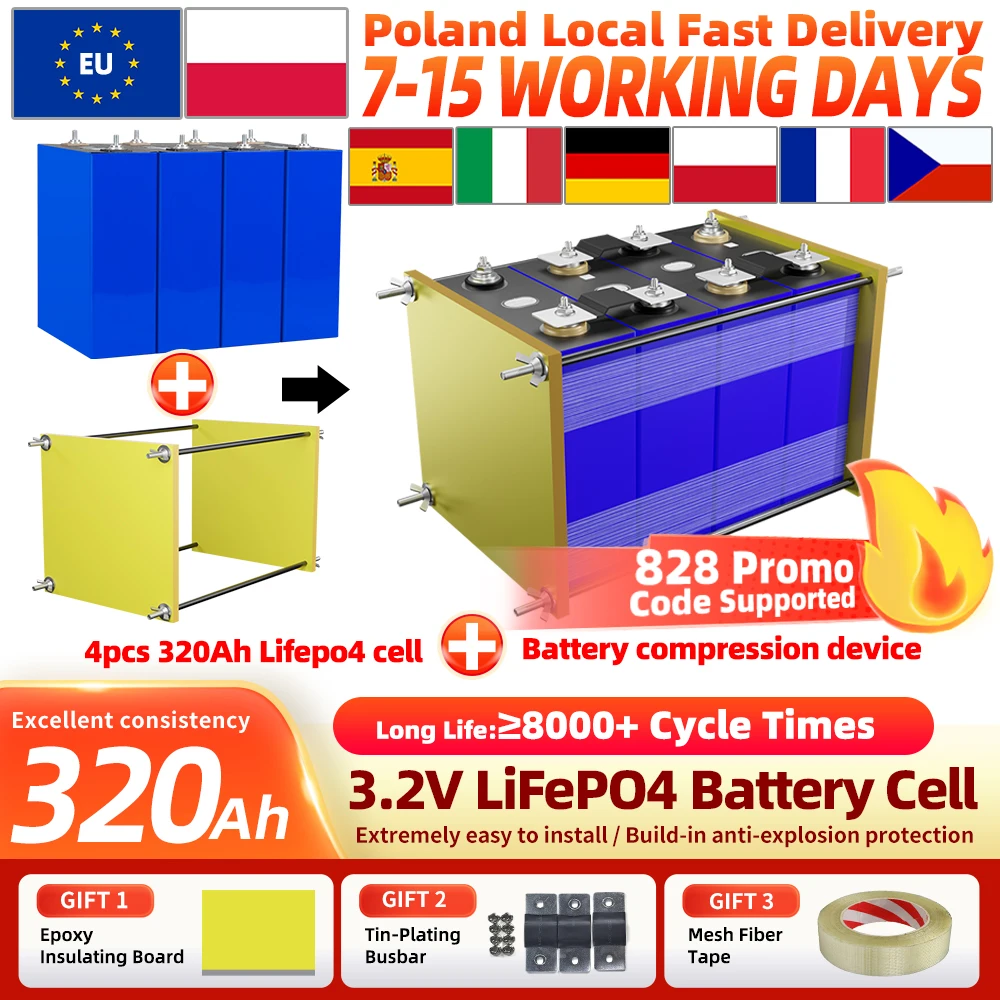 Image of 8000 Zyklen 3,2V LiFePO4 320Ah Akku mit integriertem Smart BMS, brandneue, hochwertige A-Grade prismatische wiederaufladbare LFP-Zelle mit Batteriekompressionsvorrichtung, extrem einfach zu