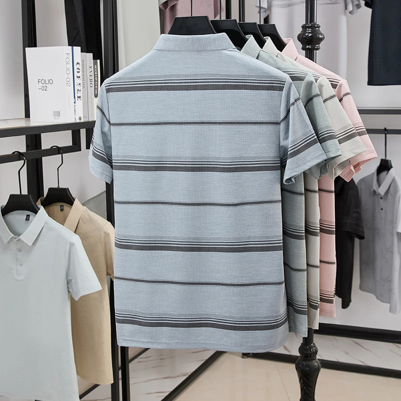 2026 Summer Men's Fashion Casual Best-selling Cotton Texture Stripe Printed Short-Sleeved T-Shirt Polo Shirt