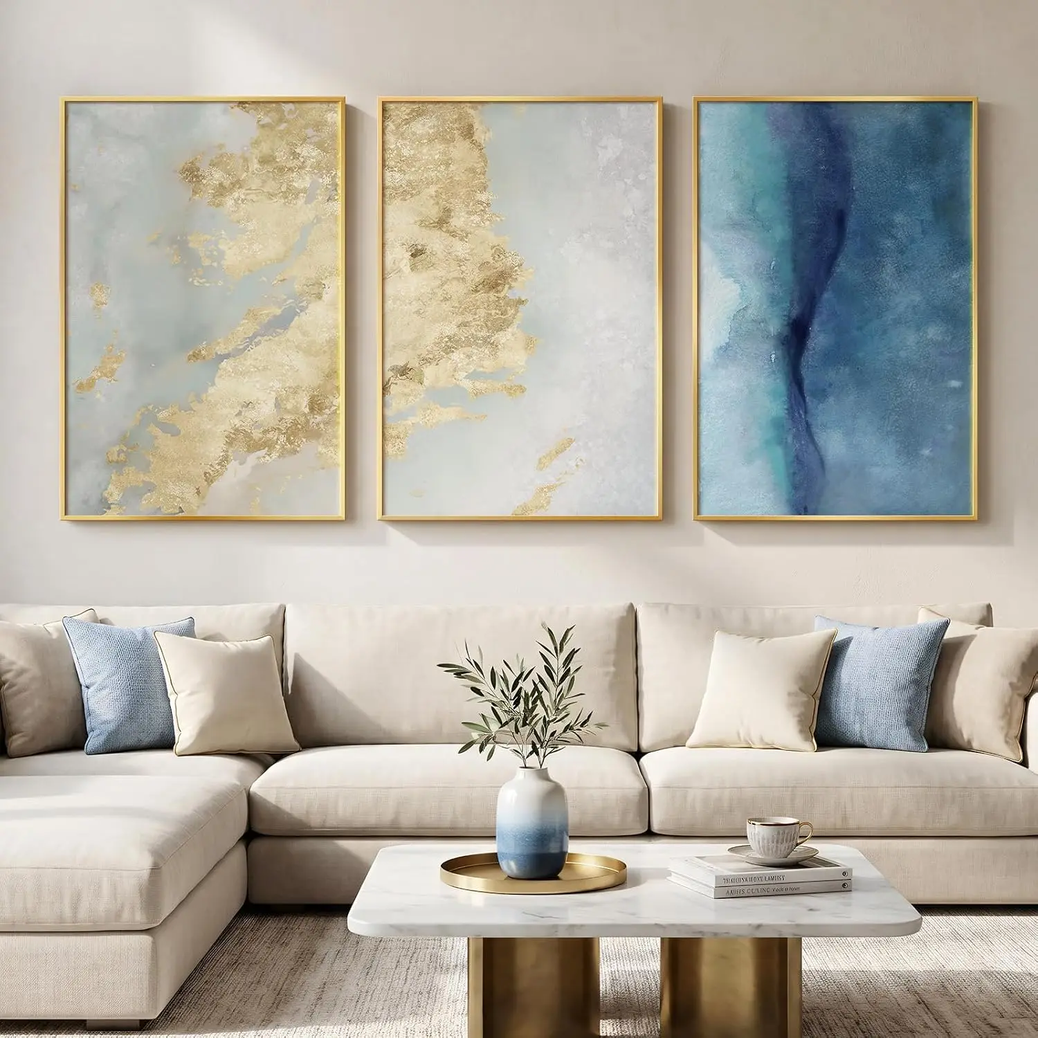Blue Gold 3 Piece Abstract Wall Art Prints 24x36 In Living Dining Room Bedroom Office Contemporary Wall Decor Paintings