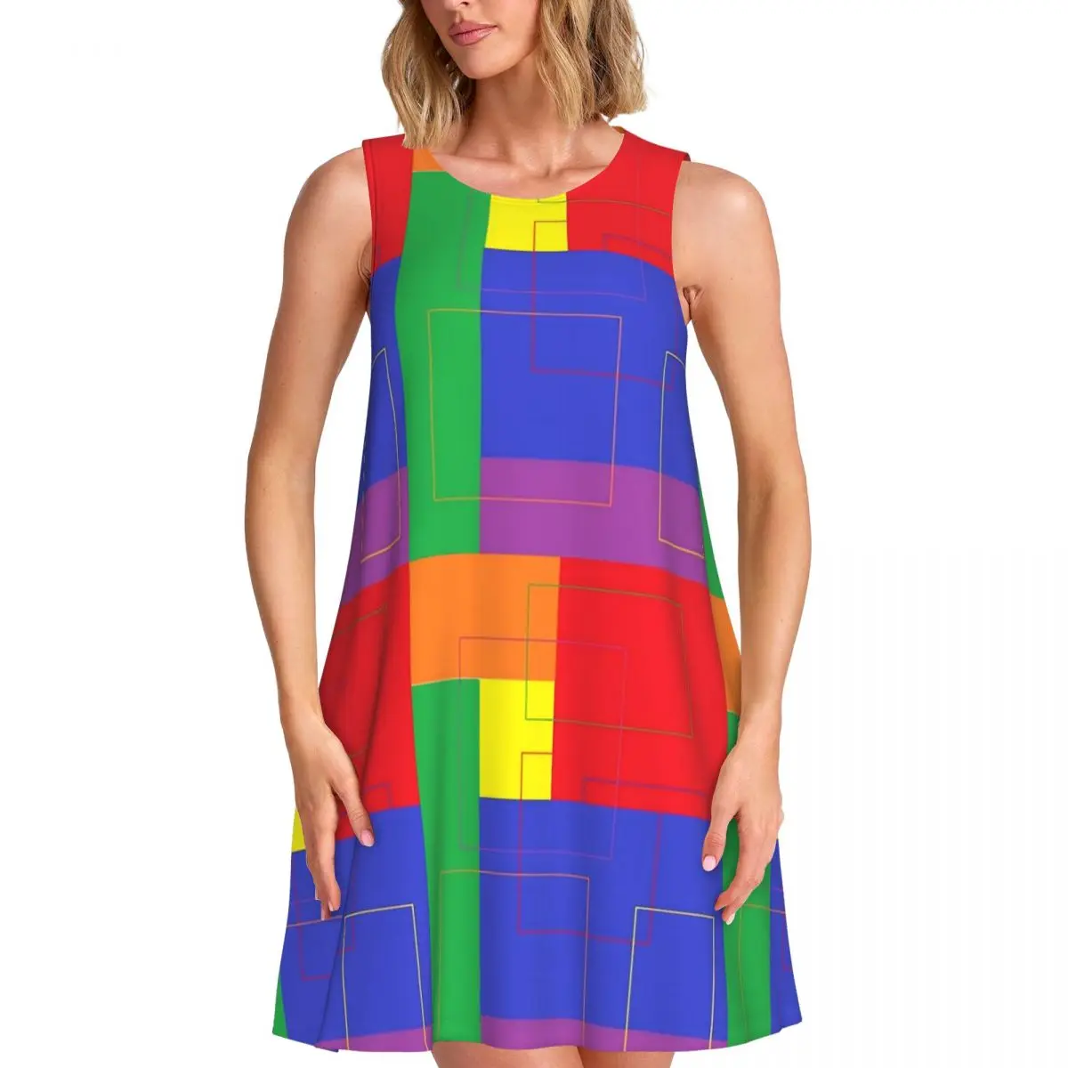 Colorblock Print Dress Geometry Boho Beach Dresses Ladies Sleeveless Aesthetic Casual Dress Summer Pattern Oversized Vestido