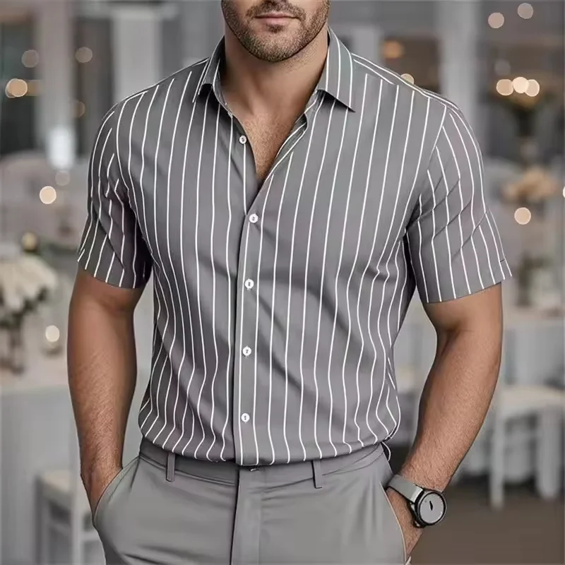 New men's striped short sleeved shirt, fashionable and casual breathable lapel button top, business slim fit soft and comfortabl