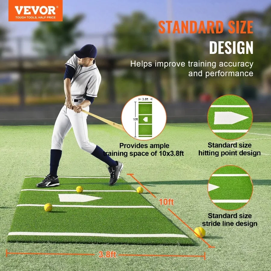 Baseball Softball Hitting Batting Mat 10' x 3.8' Indoor Outdoor Softball Mat Lined and Foam Backing Anti-Slip Anti-Fade Softba