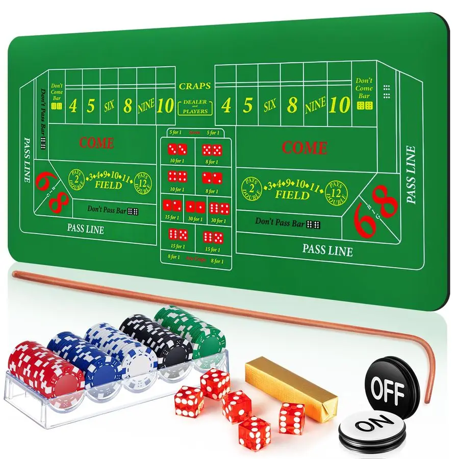 

Craps Tabletop Game Set, Includes 35 x 70 Rubber Craps Tabletop Layout Mat, 36 Rattan Stick, Casino Grade AAA 19mm Dice, 3 Inch