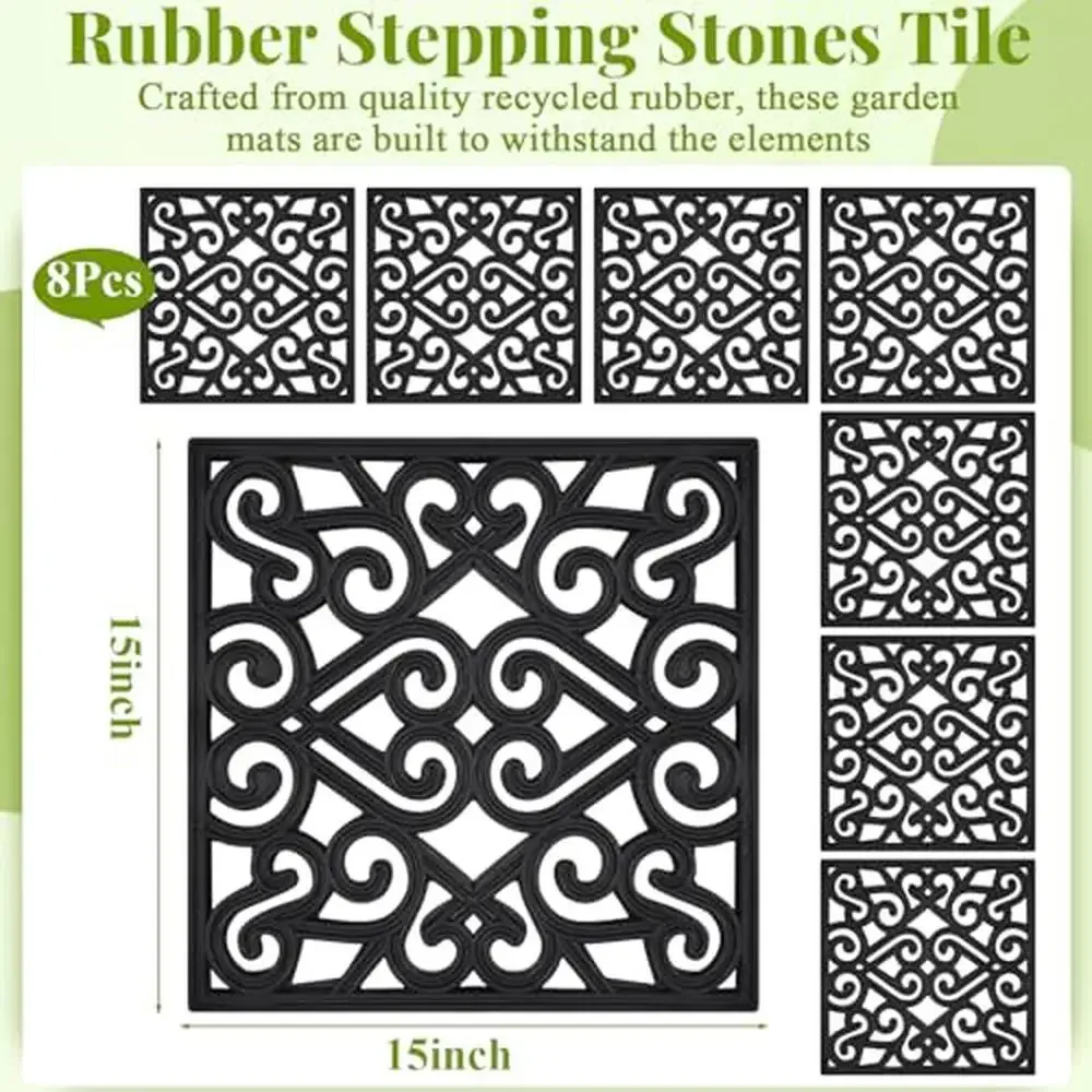 Rubber Stepping Stone Tiles Outdoor Garden Path Mats 15x15 Retro Design 8 Pack