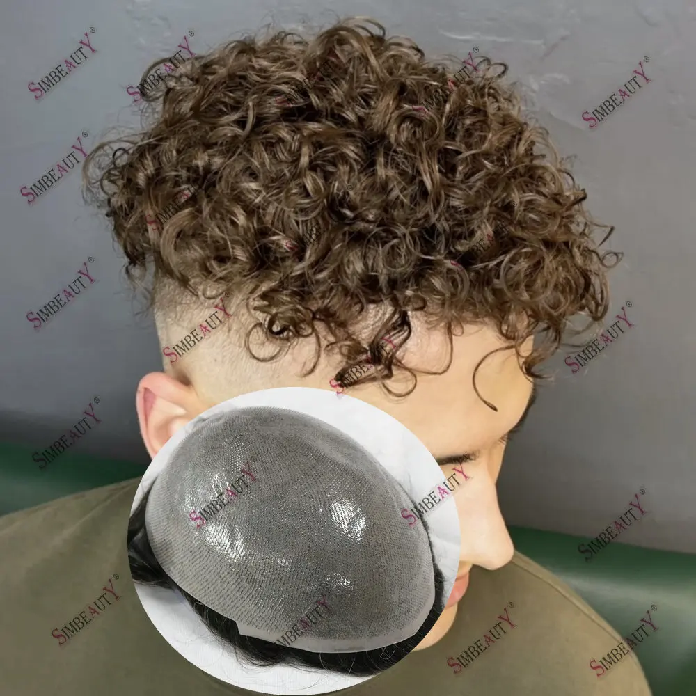 

Afro Men's Capillary Prosthesis Durable Thin Skin Base Replacement Men Toupee 100% Human Hair18mm Curly V Looped System Male Wig