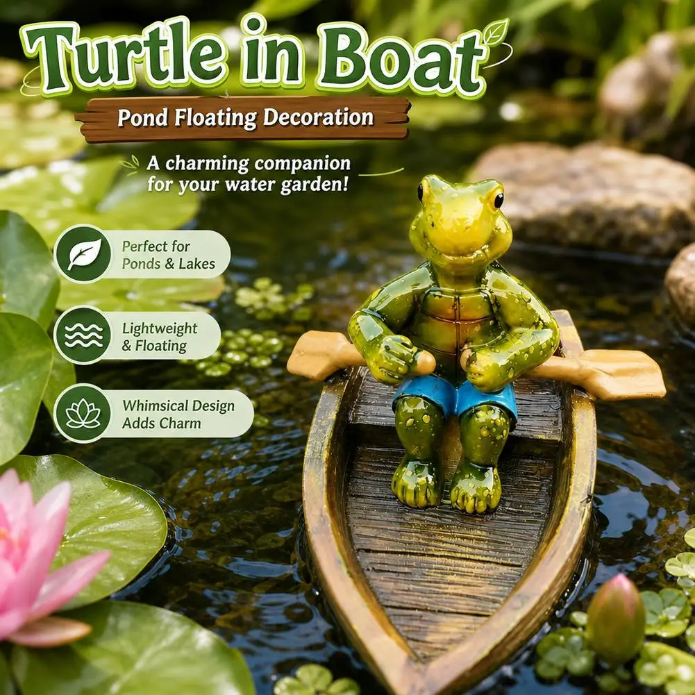 Turtle Paddling Wooden Boat Pond Floating Decoration Garden Ornament Outdoor Aquatic Landscape Accents Realistic Shell Detail