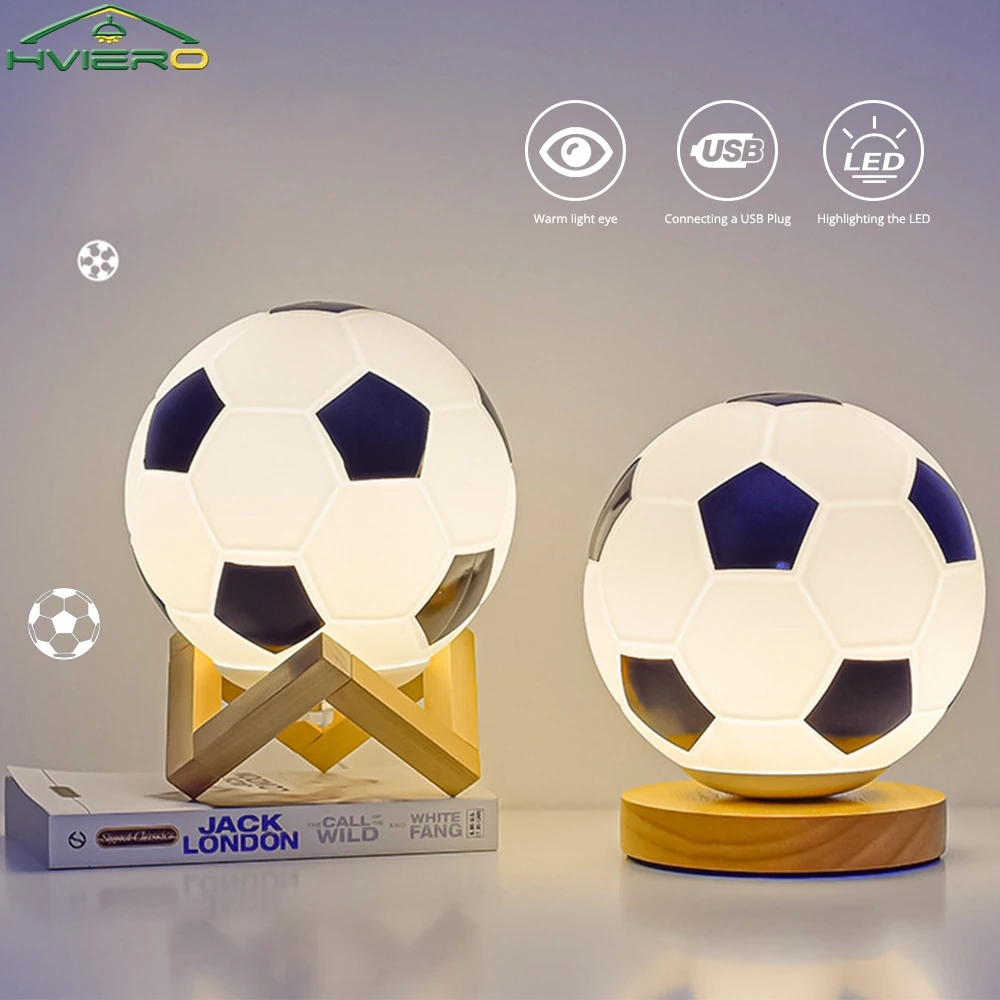 Usb Table Lamp Wood Glass Bedroom Decor Study Lamps Light Wooden Base Football Theme Soft Rubber Wood Home Office Decor Gifts