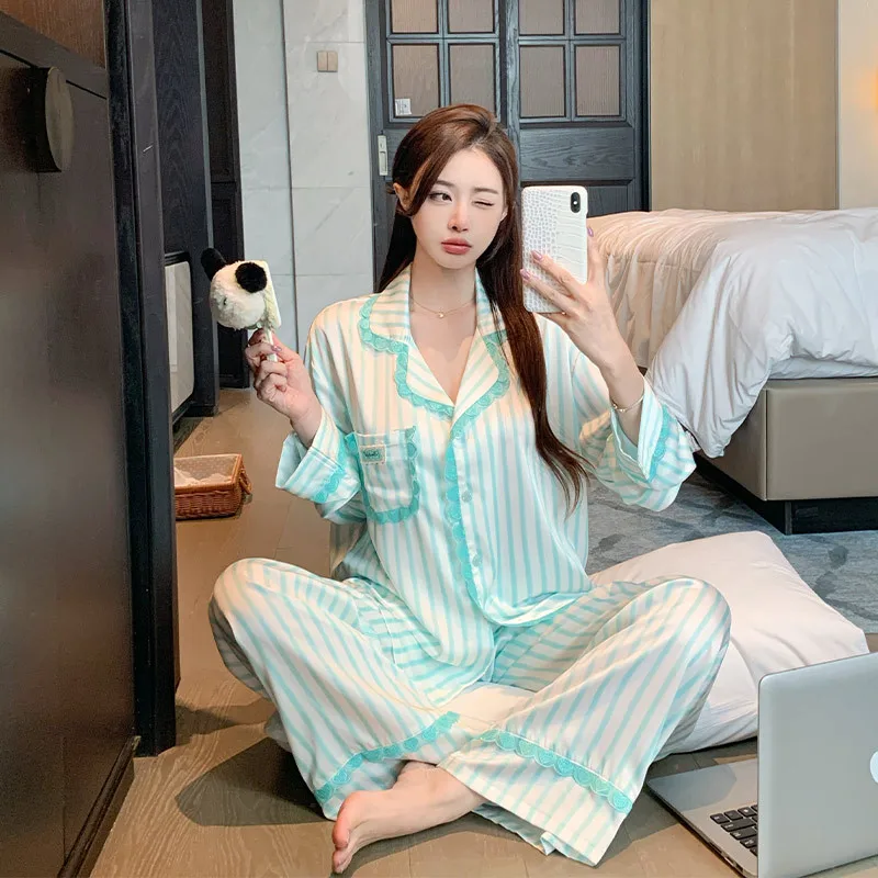 Korean version ice silk loose and comfortable lace home clothes pajamas striped sweet and comfortable long sleeved women pajamas