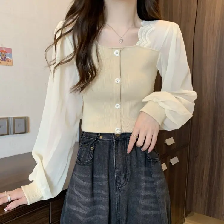 Korean Style Fashion Mesh Patchwork Square Neck Long Sleeved T-shirt Women in Spring Autumn Slim Fit Knit Sweater Unique Top