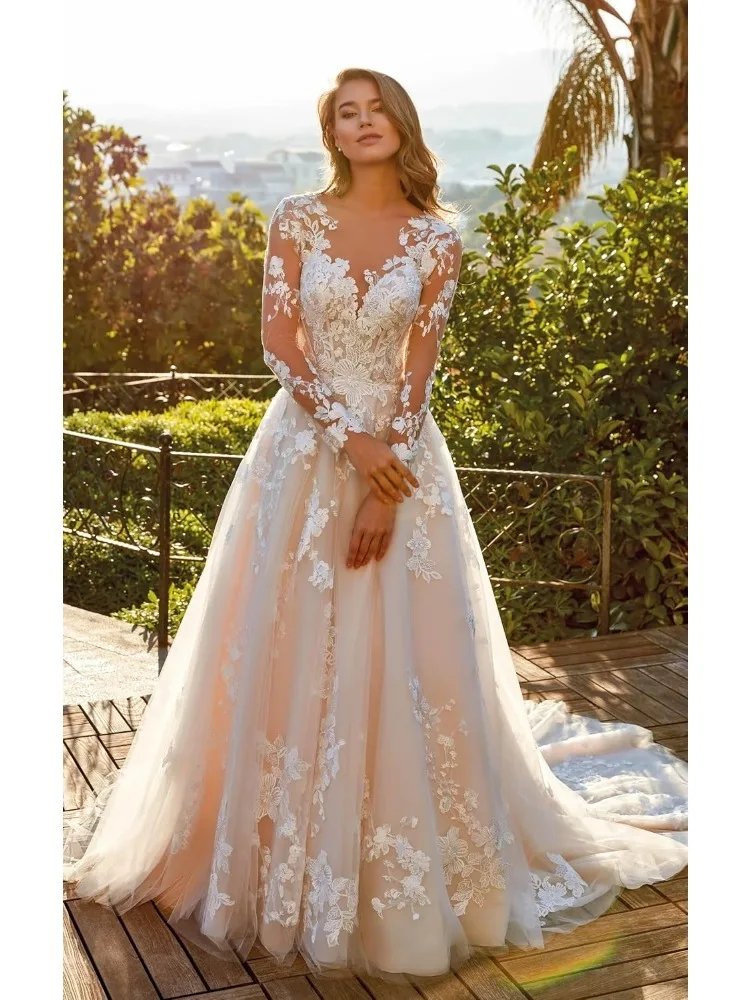 Elegant Sheer O-neck Wedding Dresses for Bride Lace Long Sleeves Appliques A Line Bridal Gowns Bohemian Vestido De Noiva