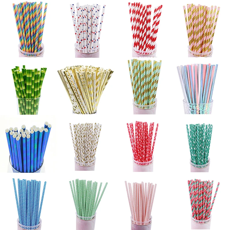 25pcs Disposable Drinking Paper Straws Multicolor Striped Straws Wedding Birthday Party Decoration Baby Shower Christmas Party