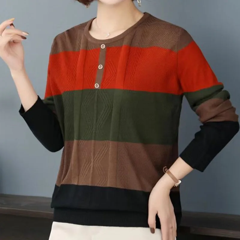 Fashion Contrast Color Striped Knitted Tops Women\'s Clothing Autumn Winter Casual Lady Button Spliced Round Neck Vintage Sweater