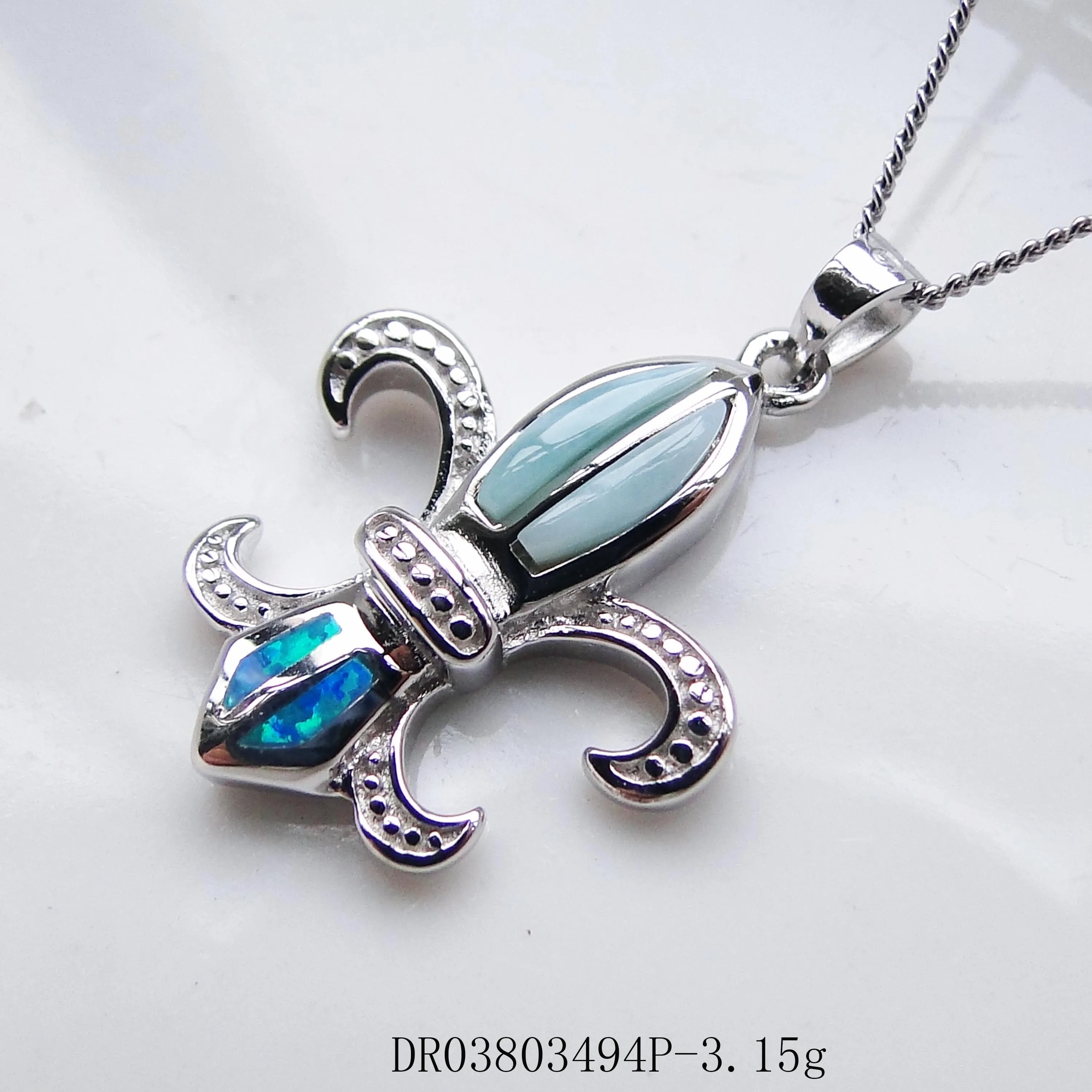 

925 Sterling Silver Fleur de Lis Pendant Natural LARIMAR Gemstone Pendant Necklace For Gift