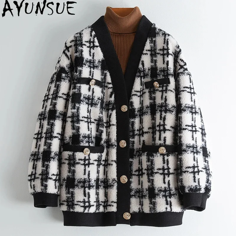 

100% AYUNSUE Sheep Shearing Jacket Korean Style Wool Coats for Women 2024 Autumn Winter Elegant V-neck Fur Coat Jackets