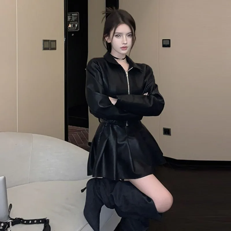 Autumn High-end Short High-waisted Petite Slimming and Hot Girl Pleated Leather Skirt Two-piece Set Leather Jacket, Women's Set