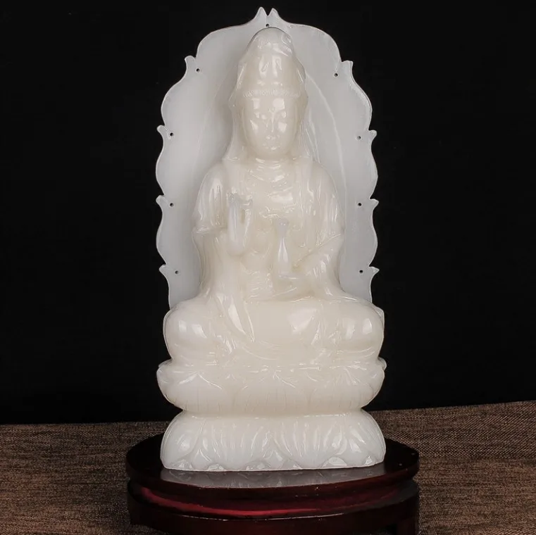 Large TOP Home family efficacious Talisman Natural jade Guanyin Bodhisattva Avalokitesvara Buddha hand carving Sculpture statue