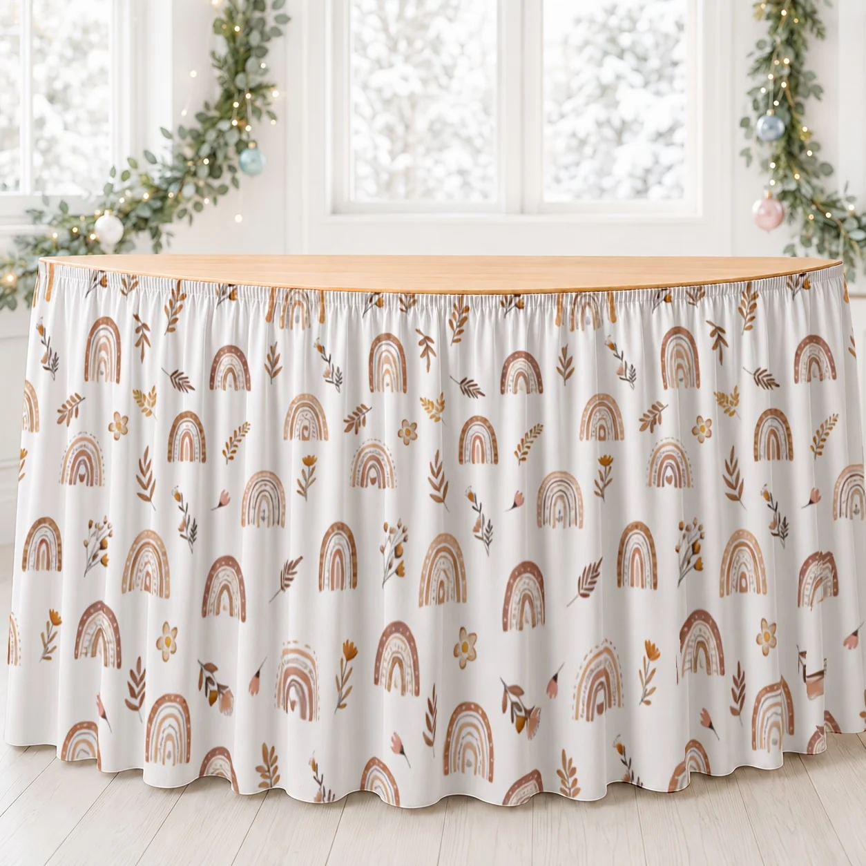 One table skirt, with a bohemian print, in earth tones and simple neutral colors.