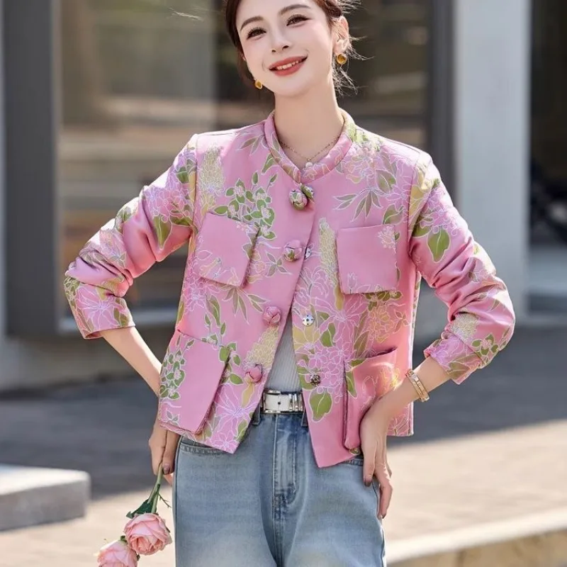 

Vintage Spring Autumn Jacket Single-breasted Top Women's Coat Printed Short Coat Small Jacket Women Blusas Harajuku Long-sleeved