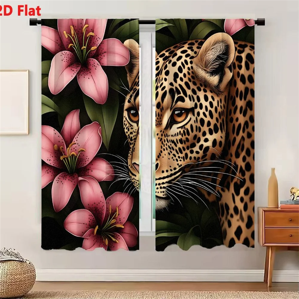 2Pcs Curtains Leopard Head And Upper Shoulders With Pink Lilies Window Drapes for Bedroom Room Decor Decoration Window Treatment
