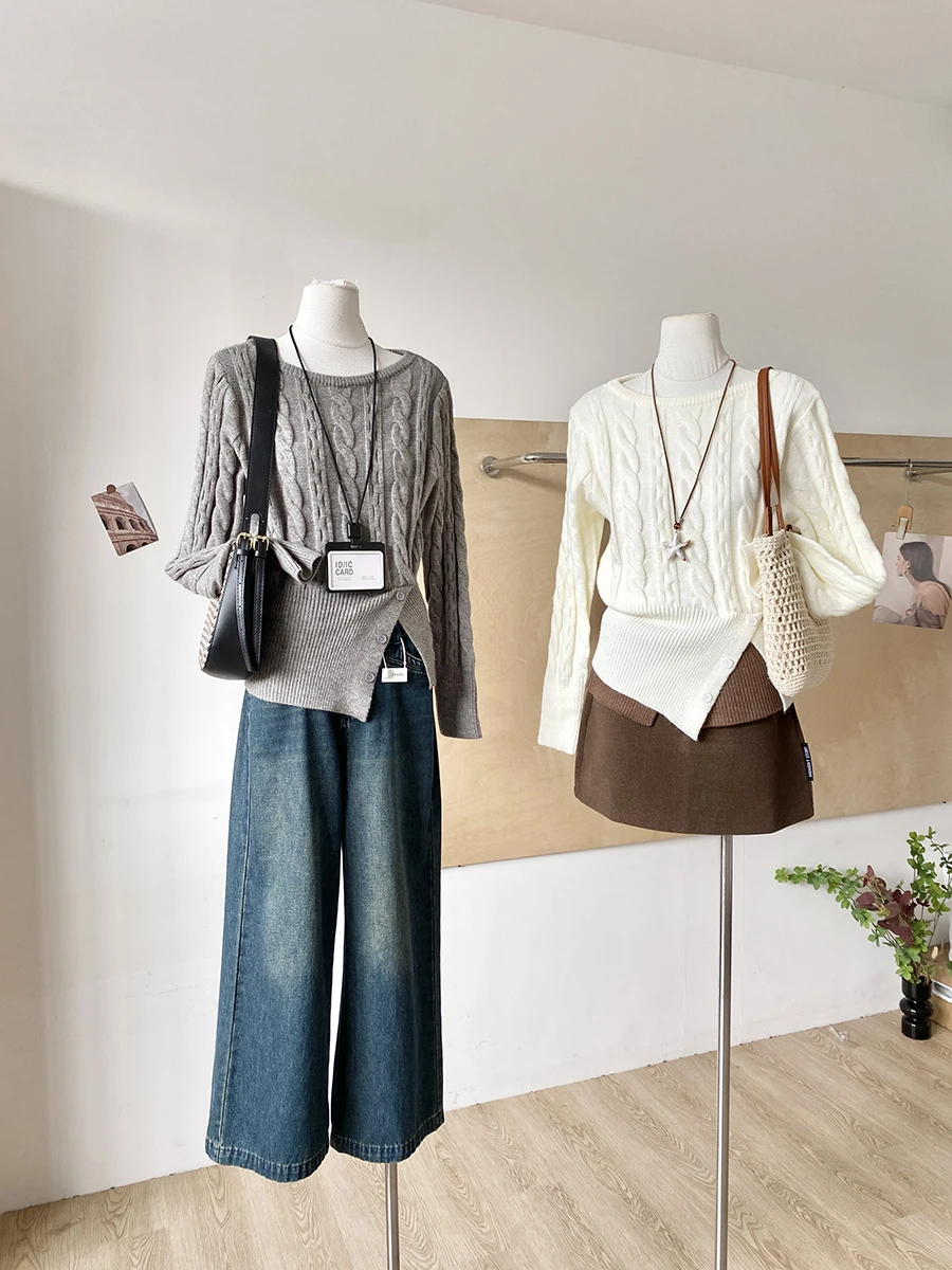 

Fashionable Korean Style Long Sleeve Knitted Sweater Women's Waist-Cinching Slimming Top Trendy Versatile Polyester Fiber