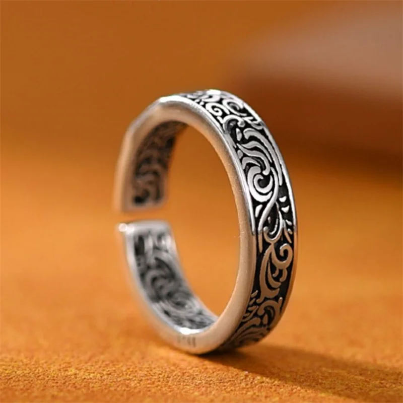 Modny męski pierścionek otwarty rozmiar Vintage Arabesque pierścionek 925 Sterling Silver męskie akcesoria na palce