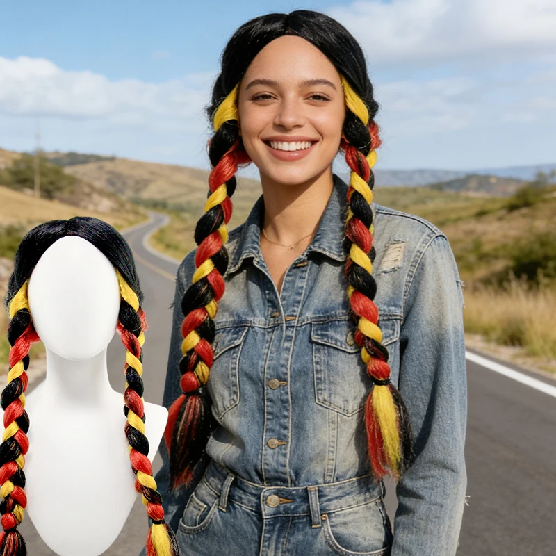 

Black Red Yellow Braided Synthetic Wig, Colorful Double Braid Hair for Sports Fan Events, Halloween and Costume Parties