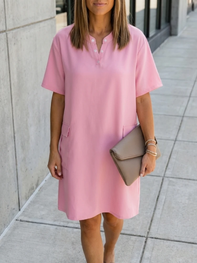 

ZANZEA Women Casual Knee-Length Dress Summer V-Neck Short Sleeve Pockets Solid Color Minimalist Dresses Woman Commute Wear 3XL