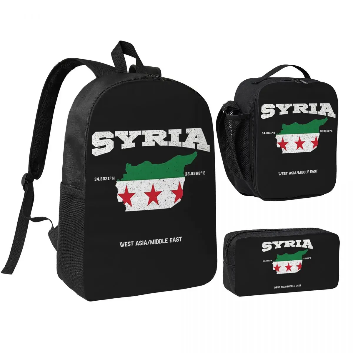 

Syrian Flag Map, Syria Coordinates, Syria Backpack BookBag School Bag Shoulder Bags 3ps Insulated Lunch Bag Pencil Case