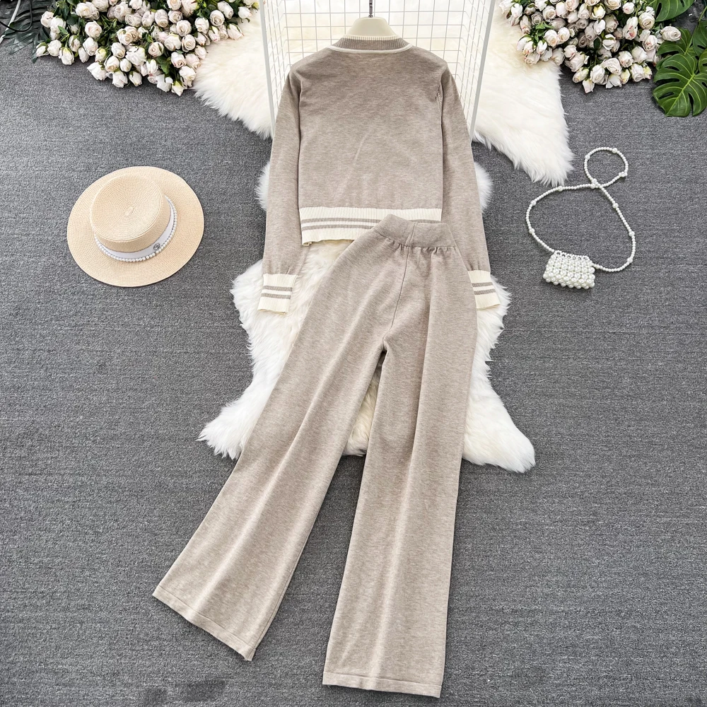 REALEFT Autumn Winter 2 Pieces Women\'s Sets Knitted Tracksuit Button O-Neck Sweater and Straight Jogging Pants Suit 2024 New