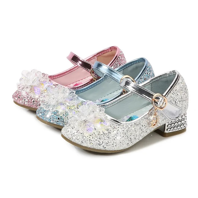 Frozen Elsa Princess Girls Leather Crystal Shoes Glitter Casual High Heels Girls Sandals Pink Blue Silver Elsa Shoes