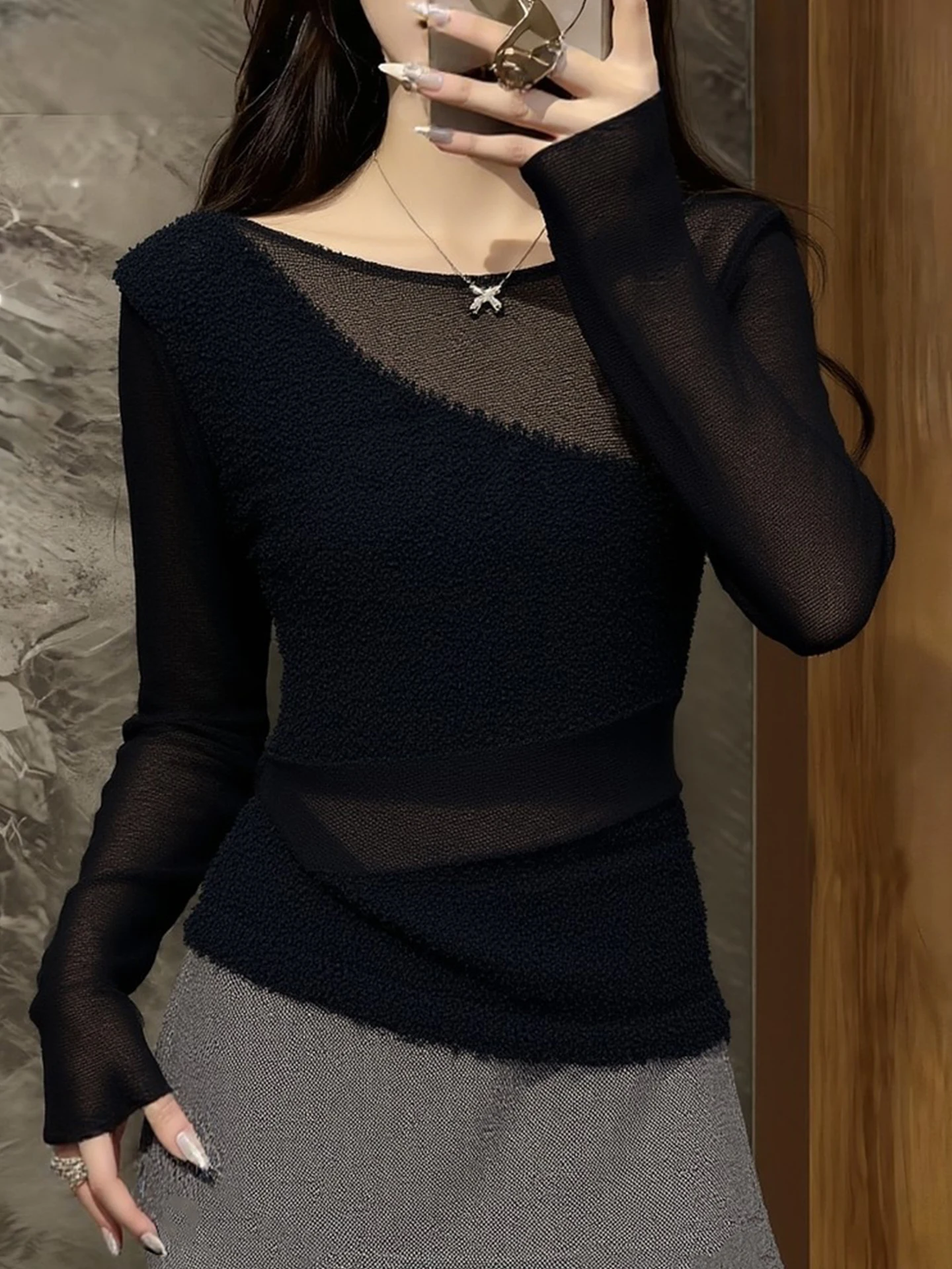 

Black Mesh Splice Sexy Slim Knitted Top Spring New Style High-End Sensation Long Sleeve Shirt Korean Version Silk Material