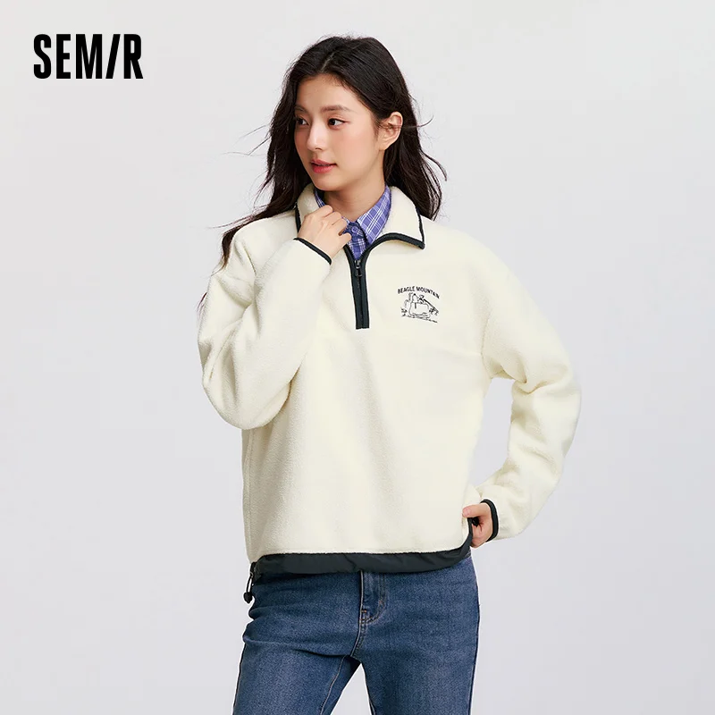 Semir بلايز للمرأة الصوف الدافئة المطرزة 2025 الشتاء الخريف الملابس البلوز لينة الصوف الدافئة فضفاضة تناسب ملابس يومية 2025 جديد