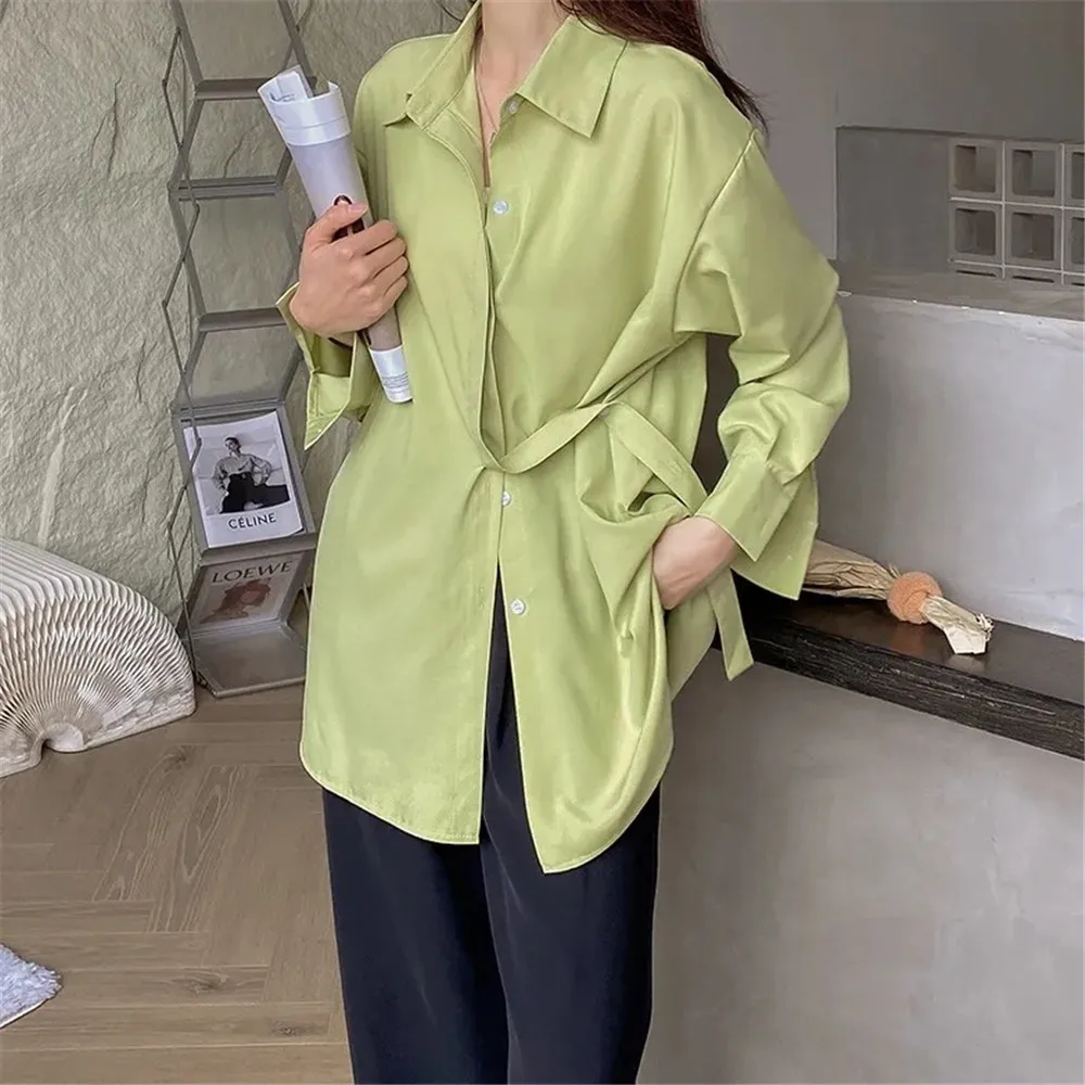 

French Blue Solid Color Shirt For Women Turn-Down Collar Single Breasted Asymmetrical Hem Korean Autumn Shirts Female Fashion