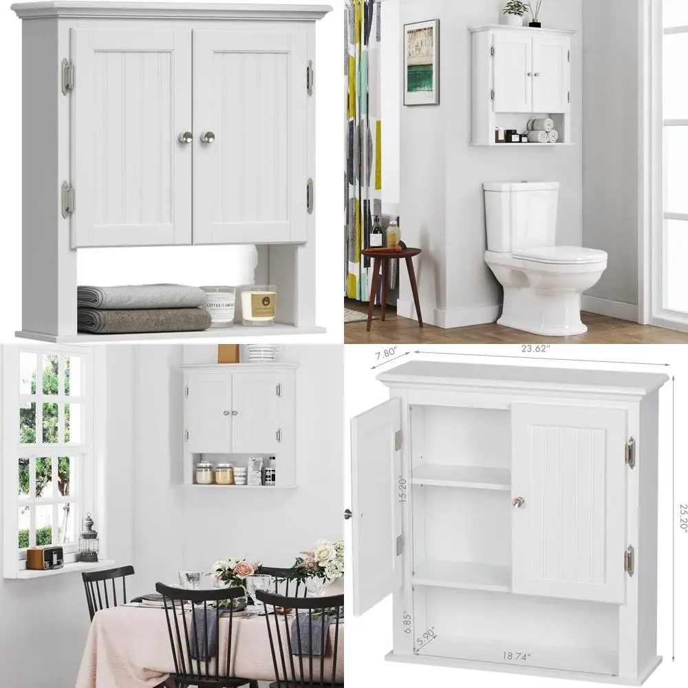 

Белый деревянный настенный шкаф с дверцами и полками для хранения над унитазом в ванной комнате