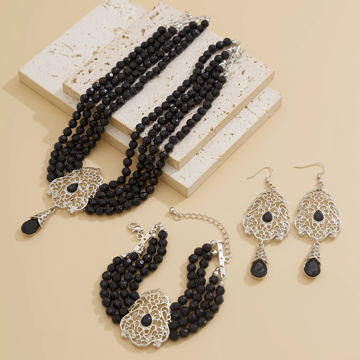 Salircon 3Pcs/Set Multilayer Crystal Beads Chain Choker Necklace Bracelet Earrings Set for Women Elegant Party Wedding Jewelry