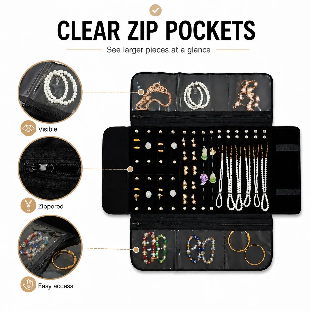 All-in-One Travel Jewelry Roll Case, Velvet Jewelry Organizer for Travel with Clear Pockets, Non-Slip Earring & Necklace Holders, Dustproof Anti-Oxidation Jewelry Wallet, Fits Suitcase, Black exterior, Grey/Black inner options