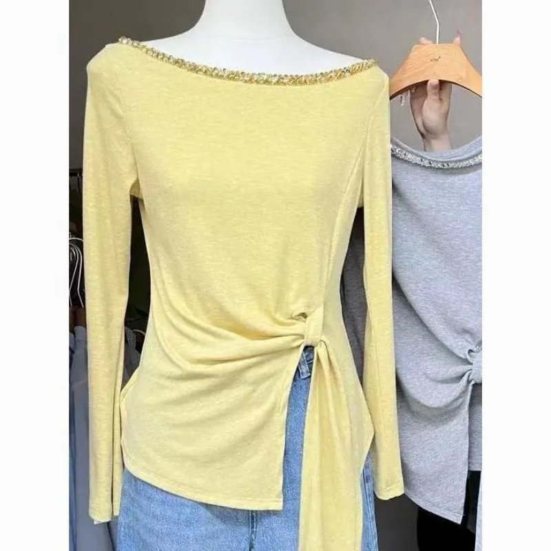 

One-shoulder Sweater for Women Early Spring New Korean Style Slim Side-tie Irregular Top