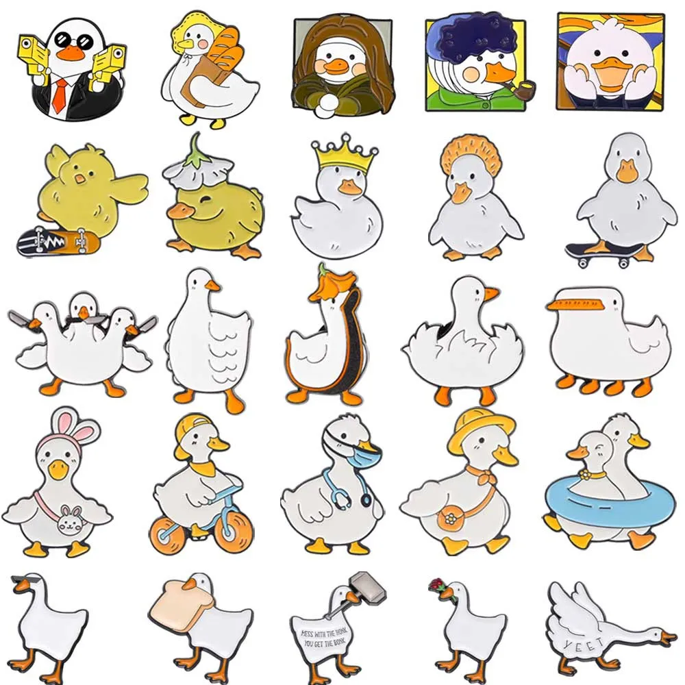 Lovely Animal Enamel Pins Cartoon Naughty Skate Goose Duck Chicken Swim Duck Rose Bread Brooches Bag Badge Jewelry Gift for Kids