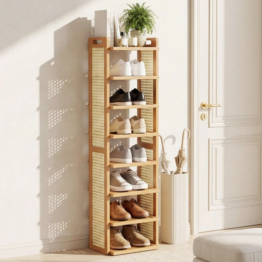 

8-Tier Bamboo Vertical Shoe Rack, Breathable Mesh Shoe Organizer With Top Handle, Easy To Move, Ideal For Apartment,