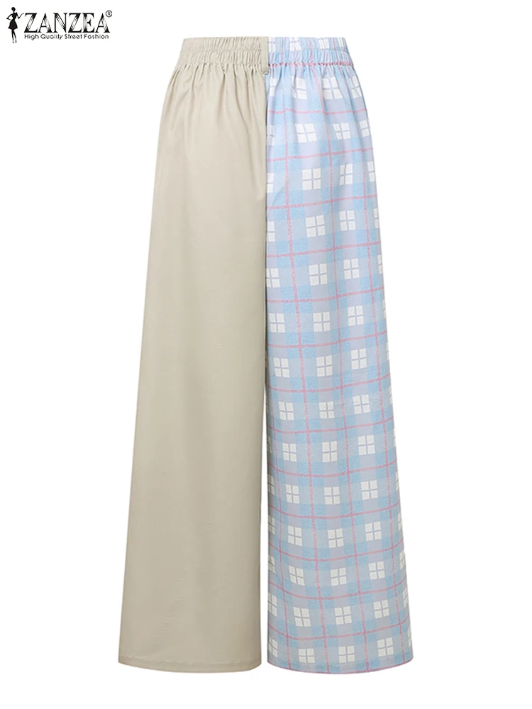 ZANZEA موضة السراويل الطويلة النساء عالية الخصر طباعة عادية بنطال ذو قصة أرجل واسعة 2025 الخريف جيوب عادية مرونة الخصر بنطلونات
