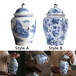 Ceramic Tea Jar with Lid Blue White Porcelain Light Luxury Vase for Dining Room Wedding Centerpiece Table Decoration Home Decor
