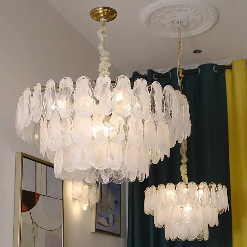 French Tiered Cloud Glass Ceiling Chandelier Luxury Brass Lamp for Living Room Restaurant Multi Head Layer Loft Hall Gold Light